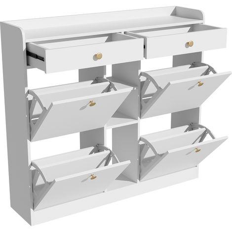 Zapatero blanco con 4 puertas abatibles, 2 cajones y 3 compartimentos abiertos 110 x 26 x 100 cm (1/5)