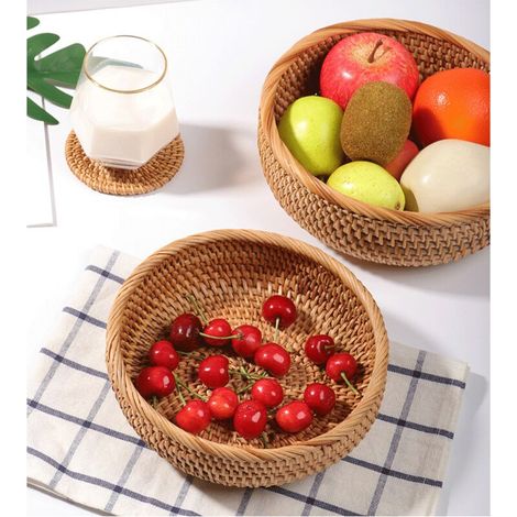 Paniers de Rangement Ronds en Rotin Corbeille à Fruits Tissés Empilable pour étagère de Table de Cuisine Naturel 2 Pièces (1/5)