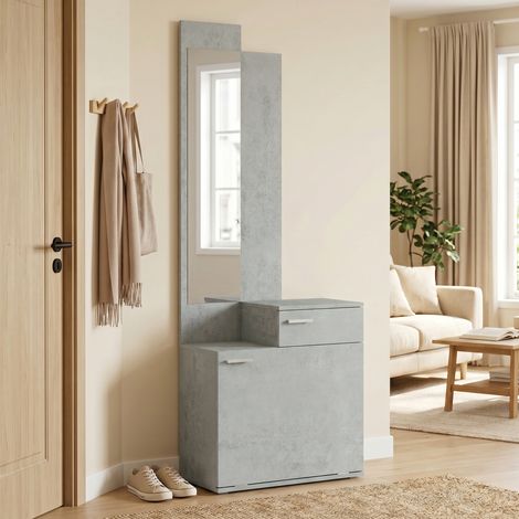 Ensemble meuble d'entrée avec meuble à chaussures abattant, vestiaire avec miroir, tiroir et plateau, gris (1/5)