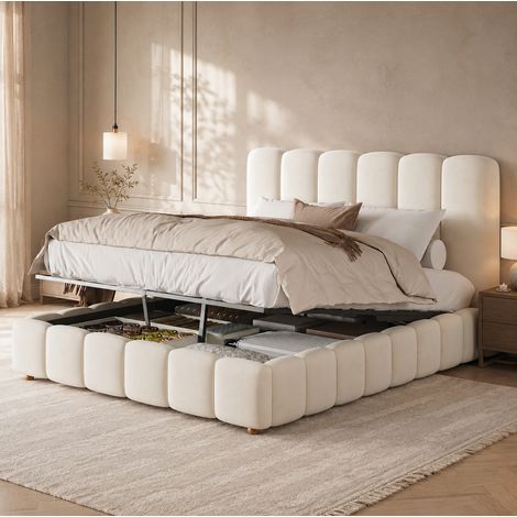 Polsterbett 140 x 190 cm mit hydraulischem Stauraum, Lattenrost und Samtbezug Beige OKWISH (1/5)