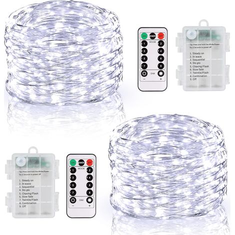 Guirlande Lumineuse Filaire 2 x 100 LEDs 10M Avec Télécommande Et Minuterie, LED Étanche Pour Fête Mariage Noël Décoration (Blanc) (1/5)