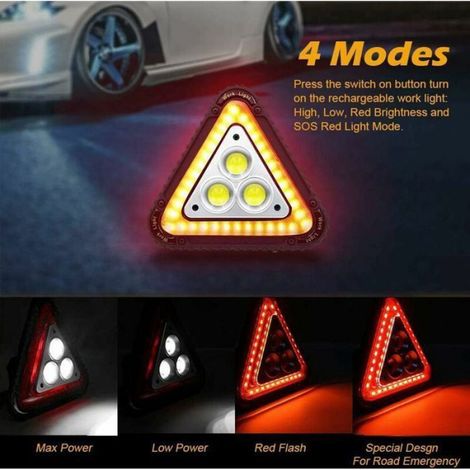 Triangle D Avertissement LED - Lampe De Travail Portable 30 W - 4 Modes COB - IP65 - Rechargeable USB - Pour Urgence Routiere Et Chantier - 1 Unite (1/4)