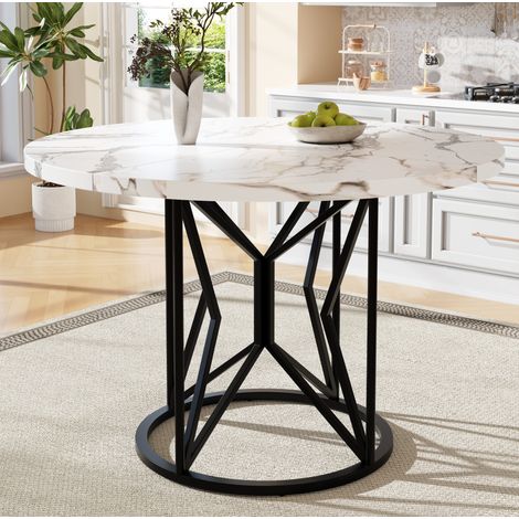 Table à manger ronde 100x100x76 cm pour 4-6 personnes, placage marbre, convient pour salon/salle à manger/cuisine, MDF, noir - Cadre en métal noir (1/5)