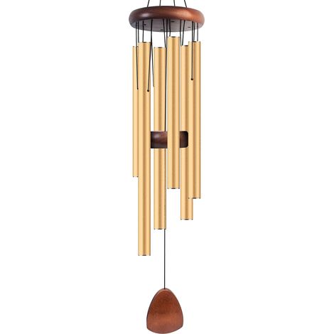 Campanelli a vento in alluminio, 94 cm, creano un'atmosfera zen, adatti per decorare esterni, giardini e patii. Classici campanelli a vento neri con pale placcate in oro. (1/4)