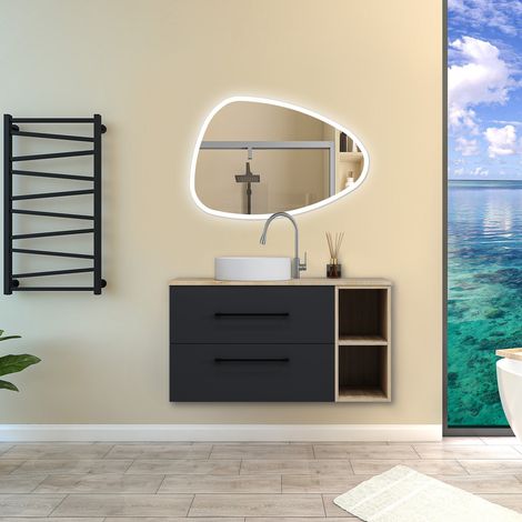 Aica Ensemble meuble de Salle de Bain Suspendu avec Vasque + 2 Rangements Ouverts, 100x46x52cm, Miroir 100x80cm Asymétrique Tricolore