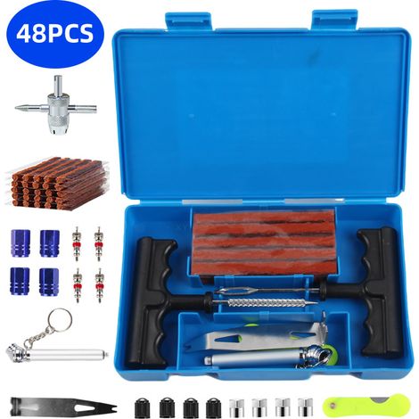 Kit de réparation de pneus 48 pièces, kit de réparation robuste, kit de réparation de crevaison, avec stylo manomètre pour pneus, pour voiture, SUV, moto, camion, quad, tracteur, camping-car, Jeep