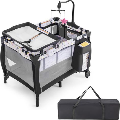 Goplus – Lit parapluie bébé 3 en 1 – Couffin amovible – Table à langer avec ceinture – Matelas 120 x 60 cm – Roulettes avec frein – Sac de transport