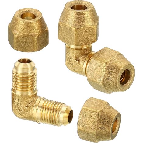 1/4" x 1/4" Brass Hose Fitting, 2 Pack Flare 90 Degree Elbow Tube Fitting Hose Adapter Connector with Nut for Air Conditioner Refrigeration Plumbing (1/5)