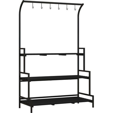 Pflanzenständer Blumenständer mit 3 Ebenen und 6 Haken, Pflanzentreppe aus Stahl in Schwarz, 110x50x170cm für Garten und Balkon