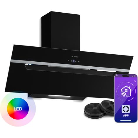 Klarstein BigBite Hotte Aspirante 90 cm - Hotte Décorative Inclinée, 417 m³/h, A+++, LED, 3 Vitesses & Boost, Filtre Charbon, Tactile, Recyclage ou Évacuation, Design Verre Noir
