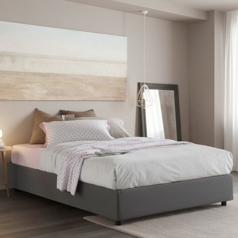 Dmora - Cama matrimonial Dcacac, Cama contenedor con revestimiento de tela, 100% Made in Italy, Apertura frontal, con colchón 160x190 cm incluido, Gris (1/5)