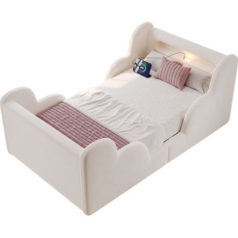 Lit enfant 90 x 200 cm, lit capitonné, lit simple avec barrière de protection, veilleuse et port de charge USB, poches de rangement, pieds de lit en bois massif, velours, beige