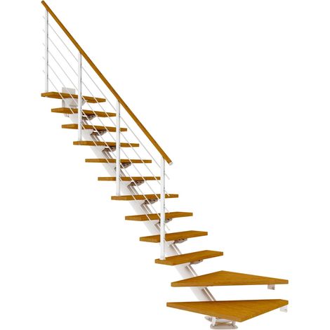 Dolle Mittelholmtreppe Sydney in Eiche, geölt 75 cm breit 1/4 gewendelt für Geschosshöhen 222 – 270 cm UK Metall Weiß mit einseitigem Designgeländer