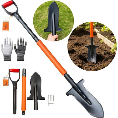 Pelle-scie à racines 20 dents en acier allié – Manche ergonomique D amovible – Coupe jusqu'à 3 cm – Parfaite pour jardinage, camping et déneigement – 2 manches + accessoires offerts (1/5)