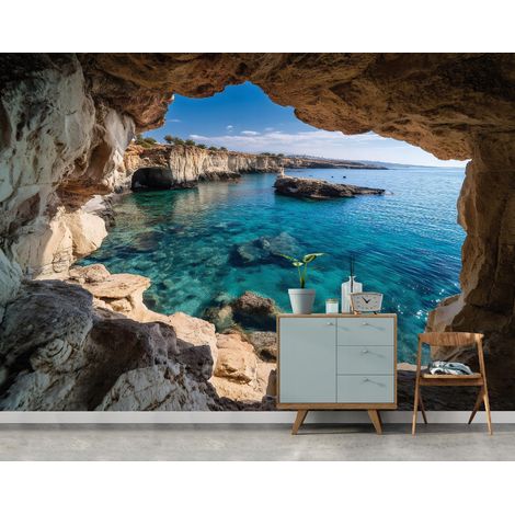 Fototapete Höhle Ozean Landschaft 3D-Optik, für Wohnzimmer und Schlafzimmer, 300 x 210 cm – Komplettset inkl. Kleister & Anleitung