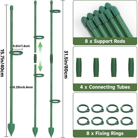 KINGLAKE 8 Pieces 40cm Tuteurs pour Plantes, Réglables Tuteur Orchidée, Tuteur Plante Interieur avec Plantes Clips & Connecteur, pour Fixation de Orchidées, Pivoines, Tuteur Plante Grimpantes (1/4)