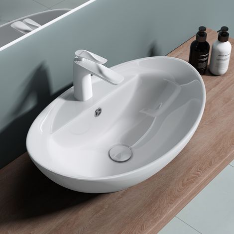 doporro® Lavabo sobre encimera de cerámica de diseño Brüssel302, 59cm de ancho con nano revestimiento de fácil limpieza