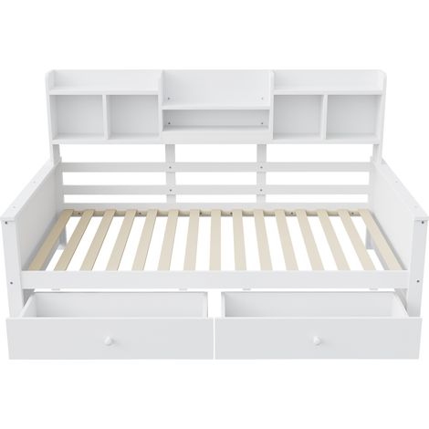 Cama individual 90 x 200 cm con cajones y nichos de almacenaje, blanca, MODENUIT (1/5)