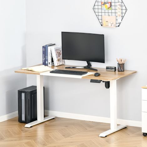 Bureau électrique réglable en hauteur 140 x 70 cm, métal, naturel et blanc, REDOM (1/5)