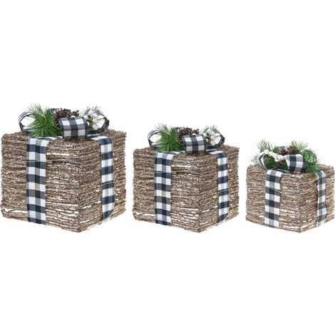 Conjunto de 3 decoraciones regalos de Navidad ratán con luces LED blancas cálidas con lazos adornos festivos para interior marrón Arreskov