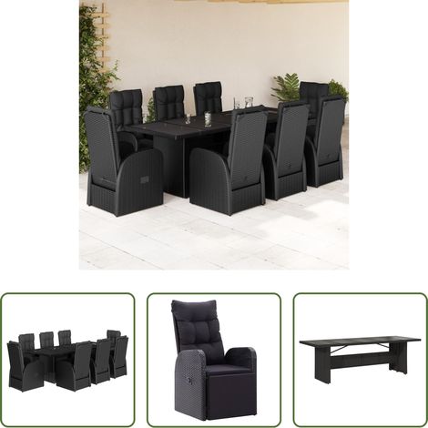 Gartentisch - 9-tlg. Garten-Essgruppe mit Kissen Schwarz Poly Rattan (1/5)