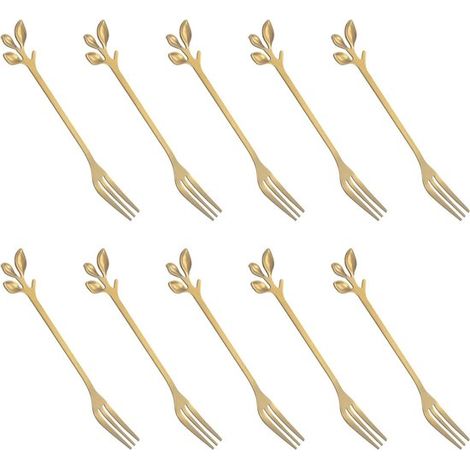 Tenedores para pastel - Forma de hoja de oro - 10 piezas - Acero inoxidable (1/5)