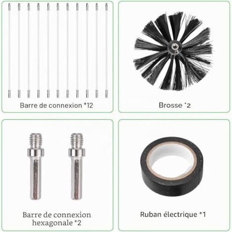 Kit de brosse de cheminée, 4,9 m, diamètre : 150 mm et 12 barres flexibles, brosse de ramonage avec 2 barres hexagonales – Brosse de nettoyage, balai de cheminée pour cheminée, tuyaux, sèche-linge (1/3)