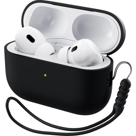 1 Coque Silicone, Compatible AirPods Pro 2ème Génération, Étui Antichoc, avec Corde, Protection Complète, Noir (1/5)