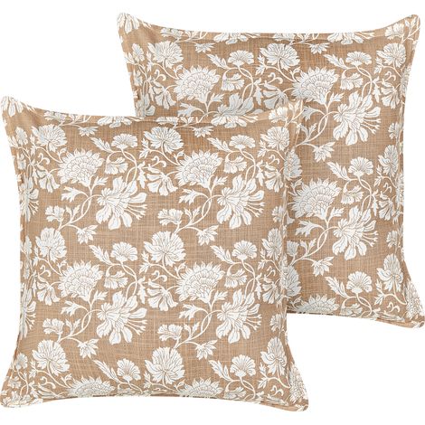 Conjunto de 2 cojines de algodón decorativos hechos a mano estampado floral cuadrado 45 x 45 cm beige y blanco Notelea