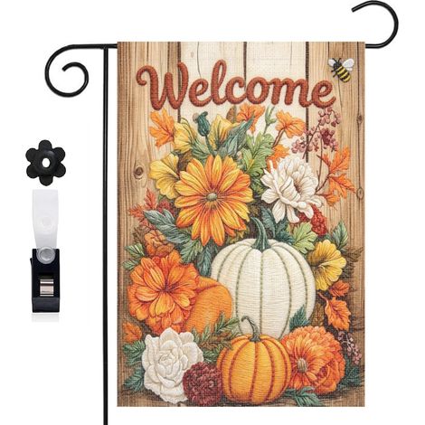 Bannière de cour planche en bois et fleurs blanches 30 x 45 cm décoration extérieure et intérieure (1/5)