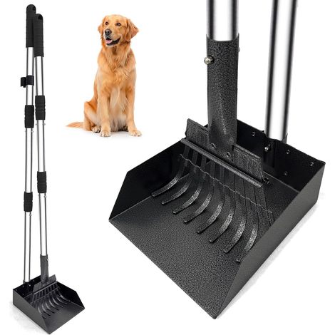 Ramasse crottes pour Chiens - Pelle métallique à Manche Long réglable (jusqu'à 96 cm), Pooper Scooper kit avec bac et râteau pour faciliter Le ramassage des déchets Animaux, Lot de 2 (1/5)