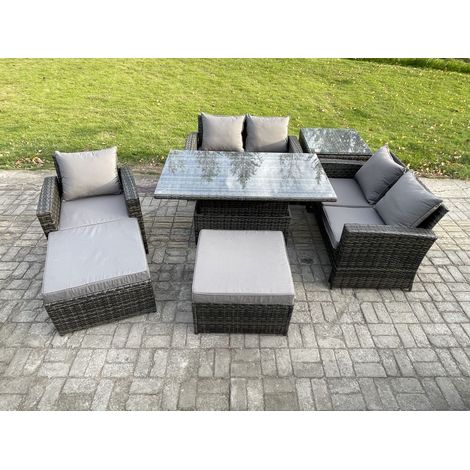 Fimous 7 Places Ensemble de meubles de jardin en rotin Table à manger réglable en hauteur ave Table d'appoint 2 Grand Tabouret Gris foncé (1/5)