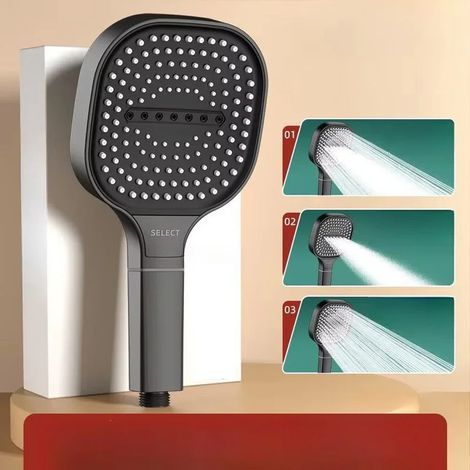Pommeau de douche carré 3 jets (gris) avec massage haute pression et jet pluie de 13 cm. (1/5)