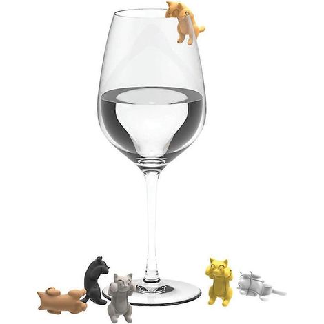 Lot de 6 marque-verres en silicone créatifs en forme de chat couché, pour la maison. (1/4)