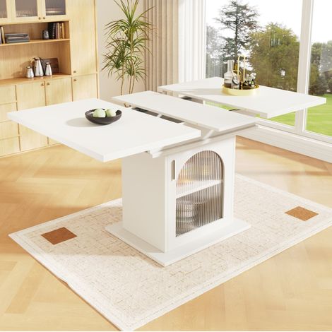 Table extensible de salle à manger avec rangement, 110 à 140 x 80 x 76 cm, blanche HAVRYA (1/5)
