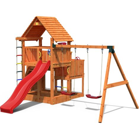 FUNGOO Aire de jeux BIG LEADER MOVE avec triple plateforme, échelle de corde, toiture, mur d'escalade, toboggan rouge & accessoires de jeux, balançoire 2 sièges (1/5)
