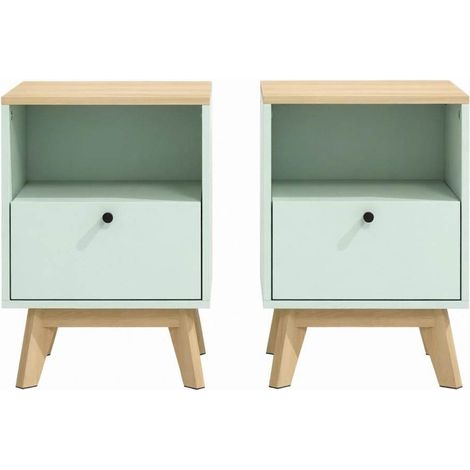 Set de 2 mesitas de noche modernas de MDF verde claro con efecto roble, 1 cajón y hueco abierto (1/5)