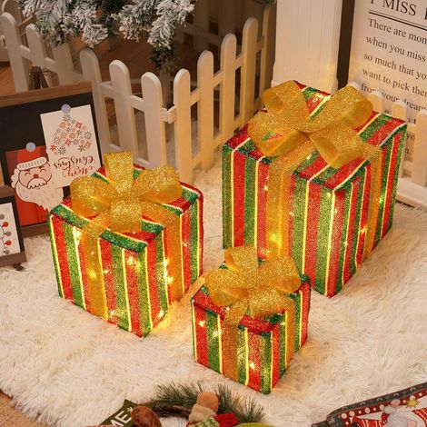 Lot de 3 Boîte Cadeau Lumineuse de Noël à Rayures, 50 LED Boîte Cadeaux Décoration de Lumières Noël avec Minuterie et Télécommande, 8 Modos Coffrets Cadeaux Lumineux Ornements de Noel pour Sapin (1/5)