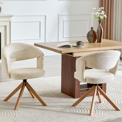 Fauteuils pivotants rétro crème - Tissu texturé, bois massif, rotation 360°, dossier incurvé - Hauteur 81,5 cm
