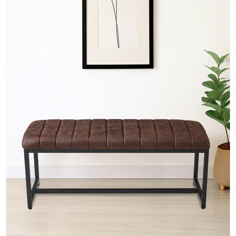 Hallowood Furniture Cullompton Dining Bench with Upholstered Rich Brown Leather Effect Fabric Top and Black Metal Legs, Industrial Style Bench Seat for Dining Table at Home and Café (110cm)