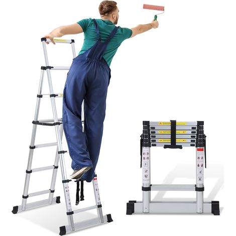 SWANEW Teleskopleiter Ausziehleiter Klappleiter Stabil Aluminium Stehleiter bis 150kg 1.7m+2.0m Mit Waagebalken (1/3)