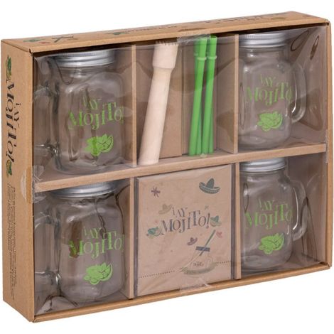 Coffret à cocktails Mojito 35cm – Set de 4 chopes en verre 50cl – 1 pilon et 5 fiches de recettes – Transparent – Secret De Gourmet
