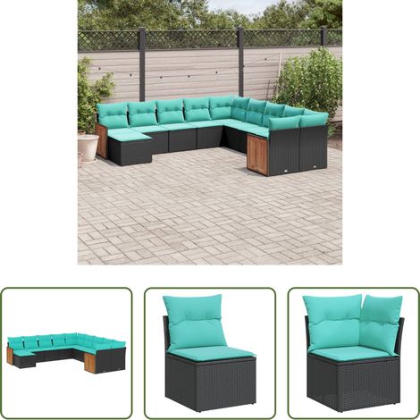 Gartenmöbel - 11-teiliges Gartensofa-Set mit Kissen, schwarzes Polyrattan (1/5)