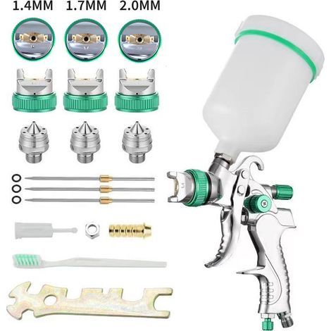 HVLP Professionnel Pistolet à Peinture Alimentation par Gravité 3 Buses 1,4mm 1,7mm 2,0mm Coupelle 600cc par gravité HVLP Meubles de Voiture Petit Pistolet de réparation (Vert) (1/5)