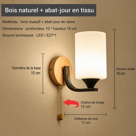 Applique LED lampe tube long couleur bois naturel avec interrupteur à tirette 16W lumière 3 couleurs 1 kg – Livraison gratuite