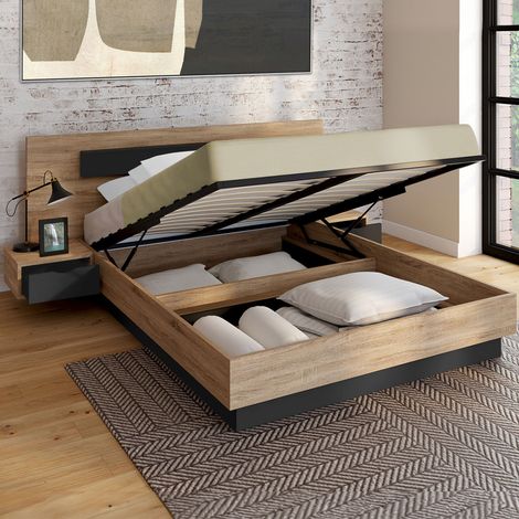 Cama box SANTA con mesillas de noche integradas y somier de madera y negro de 140x190cm (1/5)
