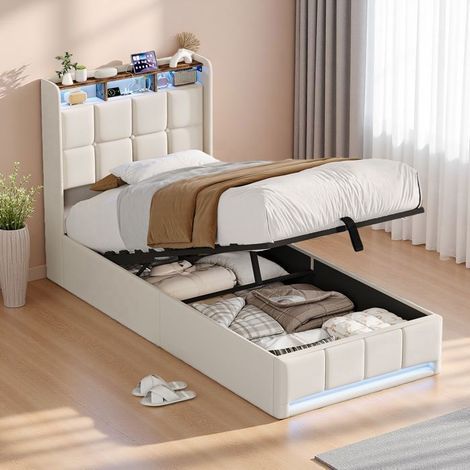 Lit coffre 1 place - Lit 90x200 avec sommier à lattes et LED - Tête de lit LED USB/Type-C - Coffre hydraulique - Tissu lin beige (1/5)