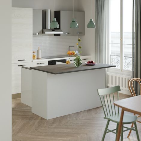 Ilot de cuisine central 155 cm blanc brillant/béton Solena