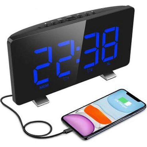 Réveil numérique, réveil de chambre, avec radio FM, double alarme, écran LED 6 pouces, port de chargement USB, réglage de la luminosité sur 4 niveaux et affichage lumineux bleu 12/24 heures. (1/4)