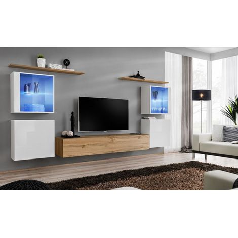 Ensemble mural - Switch XIV - 4 vitrines - 1 banc TV - 2 étagères - Bois et blanc - Modèle 2 - Livraison gratuite